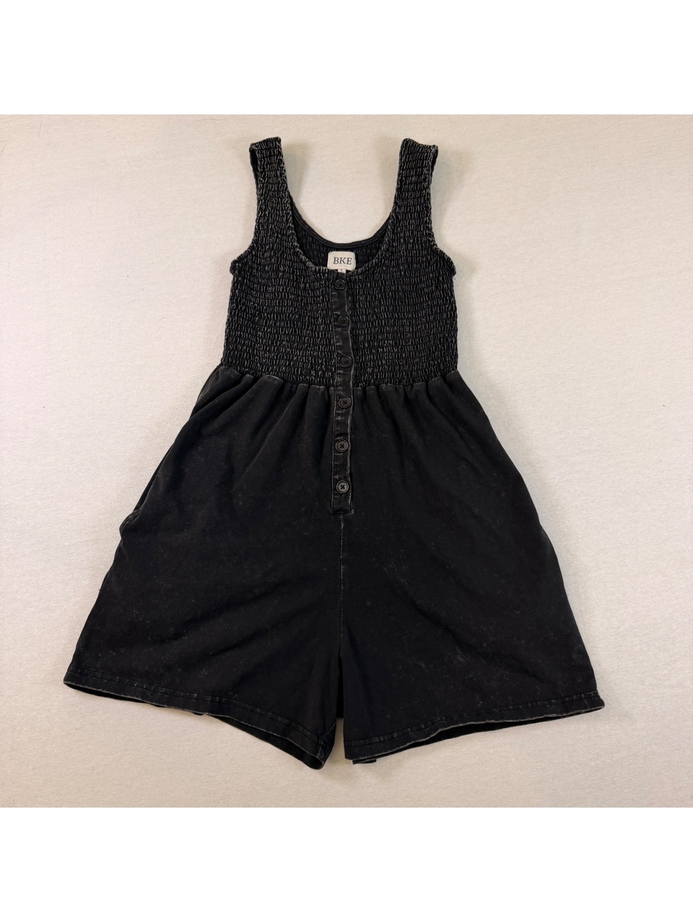 BKE Smocked Button Front Tank Romper Womens Small Black